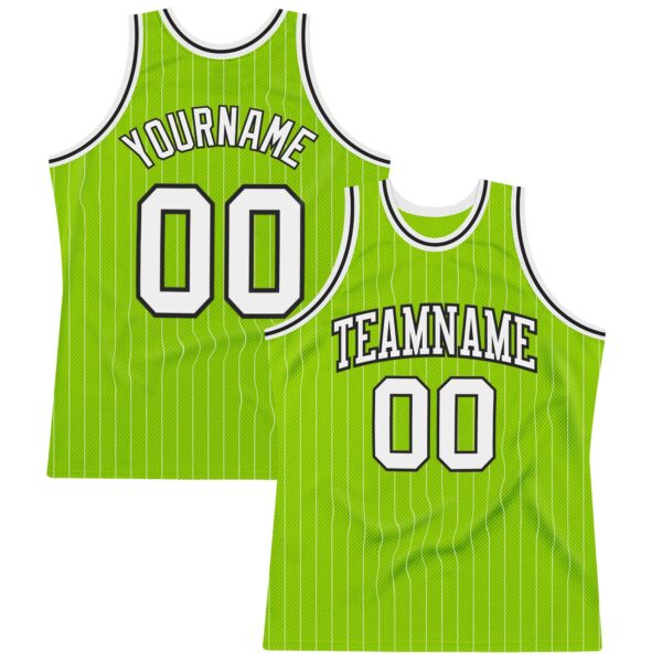 Custom Neon Green White Pinstripe Black Authentic Basketball Jersey
