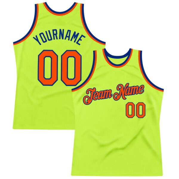 Custom Neon Green Orange-Royal Authentic Throwback Basketball Jersey