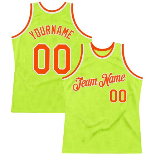 Custom Neon Green Orange-White Authentic Throwback Basketball Jersey