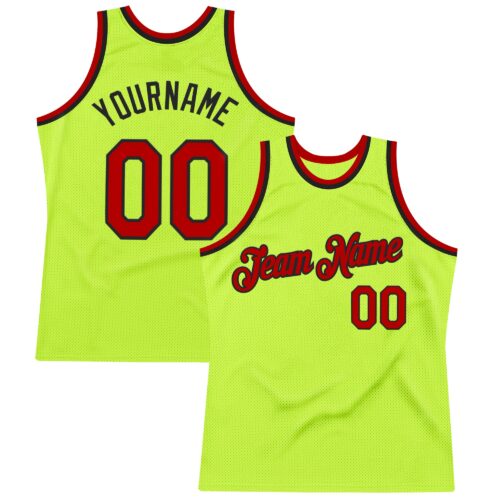 NeonGreen0292 Custom Neon Green Red-Black Authentic Throwback Basketball Jersey