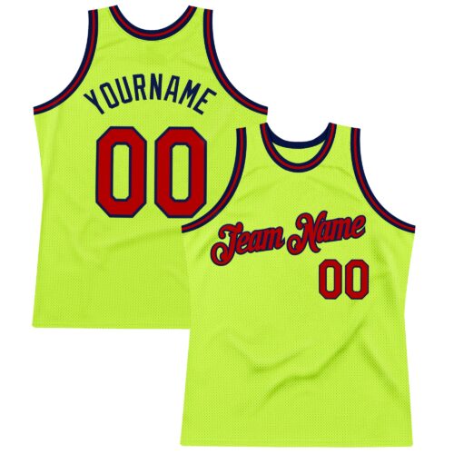 NeonGreen0295 Custom Neon Green Red-Navy Authentic Throwback Basketball Jersey