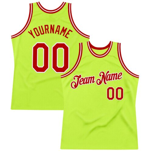 NeonGreen0296 Custom Neon Green Red-White Authentic Throwback Basketball Jersey
