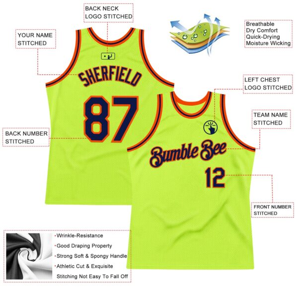 Custom Neon Green Navy-Orange Authentic Throwback Basketball Jersey