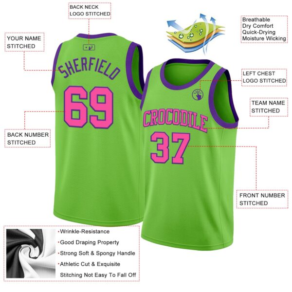 Custom Neon Green Pink-Purple Authentic Basketball Jersey