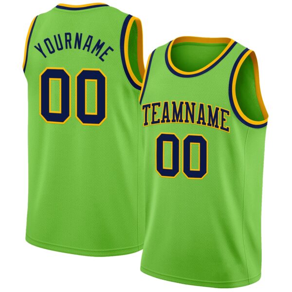 Custom Neon Green Navy-Gold Authentic Basketball Jersey
