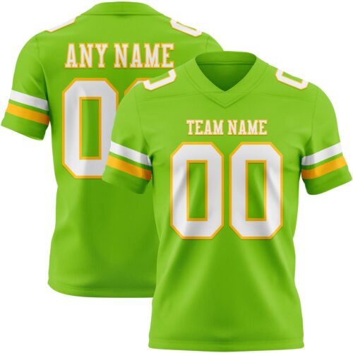 NeonGreen0337 Custom Neon Green White-Gold Authentic Football Jersey