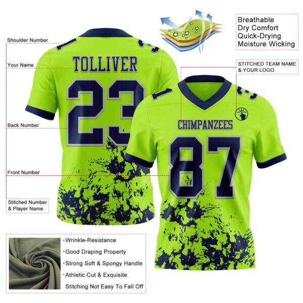 Custom Neon Green Navy-Gray 3D Pattern Splash Authentic Football Jersey