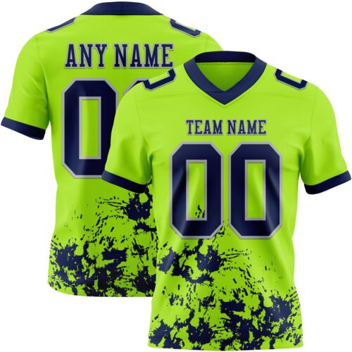 NeonGreen0338 Custom Neon Green Navy-Gray 3D Pattern Splash Authentic Football Jersey
