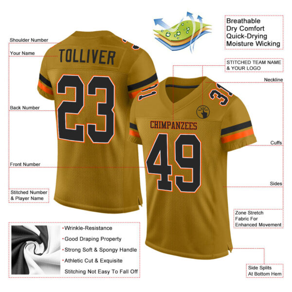 OldGold0018-1 Custom Old Gold Black-Orange Mesh Authentic Football Jersey