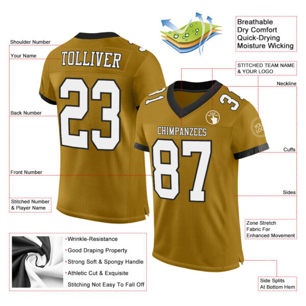 OldGold0055-1 Custom Old Gold White-Black Mesh Authentic Football Jersey