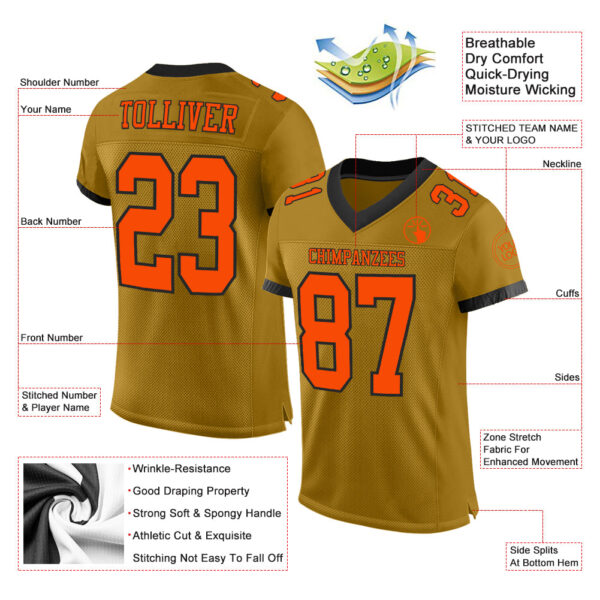 OldGold0056-1 Custom Old Gold Orange-Black Mesh Authentic Football Jersey