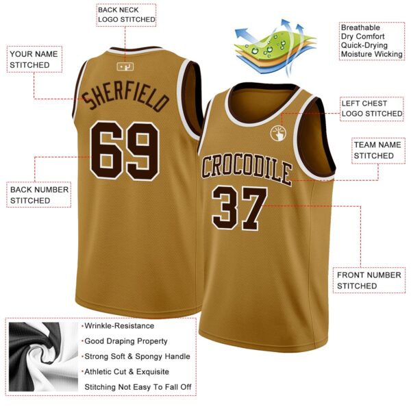 Custom Old Gold Brown-White Authentic Basketball Jersey
