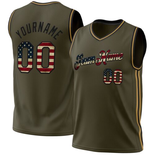 Olive0270 Custom Olive Vintage USA Flag Black-Old Gold Authentic Throwback Salute To Service Basketball Jersey