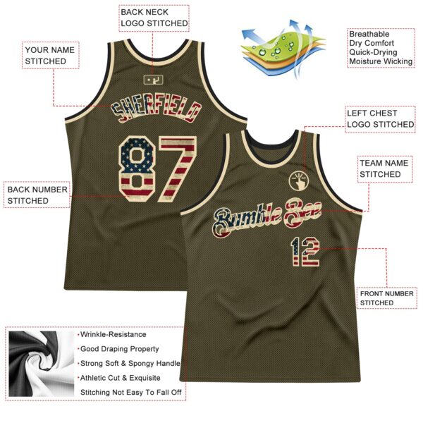 Custom Olive Vintage USA Flag Cream-Black Authentic Throwback Salute To Service Basketball Jersey