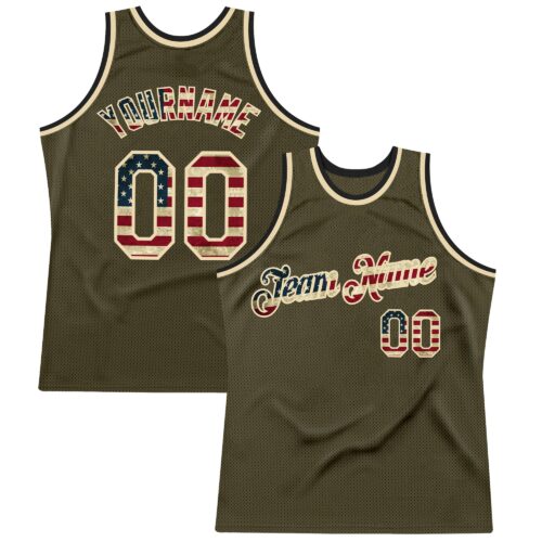 Custom Olive Vintage USA Flag Cream-Black Authentic Throwback Salute To Service Basketball Jersey
