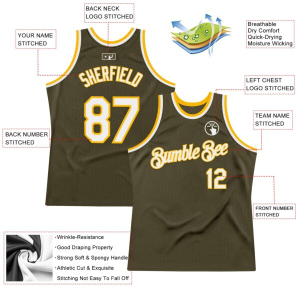 Custom Olive White-Gold Authentic Throwback Salute To Service Basketball Jersey