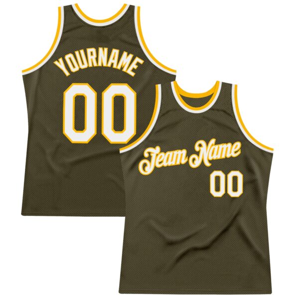 Custom Olive White-Gold Authentic Throwback Salute To Service Basketball Jersey