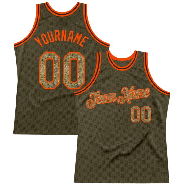 Custom Olive Camo Orange-Black Authentic Throwback Salute To Service Basketball Jersey