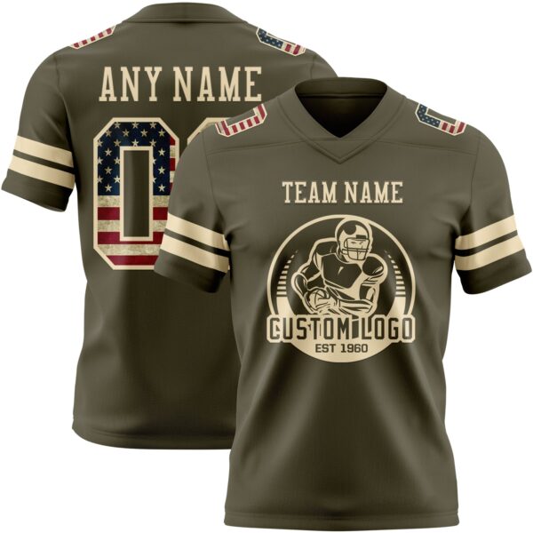 Custom Olive Vintage USA Flag-Cream Authentic Salute To Service Football Jersey