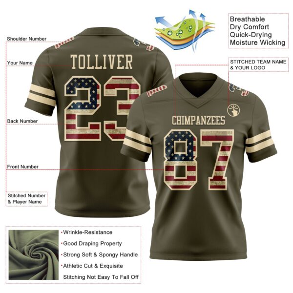 Custom Olive Vintage USA Flag-Cream Authentic Salute To Service Football Jersey