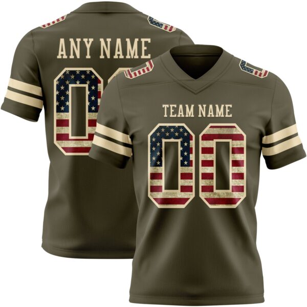 Custom Olive Vintage USA Flag-Cream Authentic Salute To Service Football Jersey