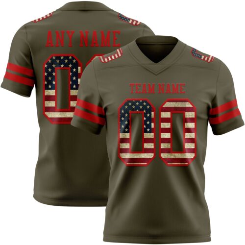 Olive0383 Custom Olive Vintage USA Flag-Red Authentic Salute To Service Football Jersey