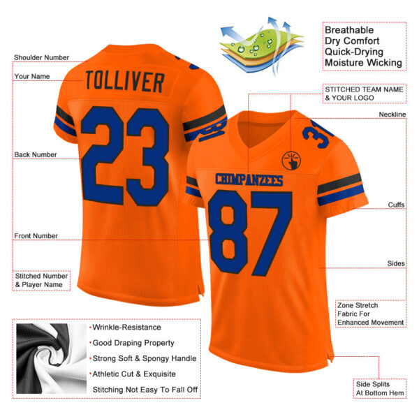 Orange0138-1 Custom Orange Royal-Black Mesh Authentic Football Jersey