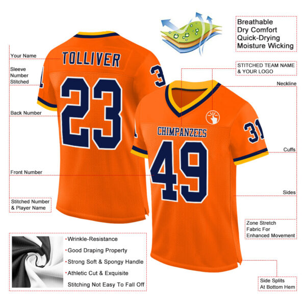 Orange0483-1 Custom Orange Navy-Gold Mesh Authentic Throwback Football Jersey
