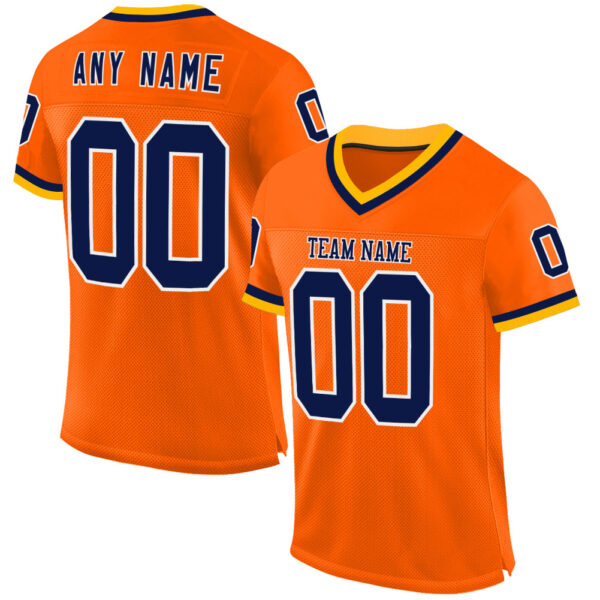 Orange0483 Custom Orange Navy-Gold Mesh Authentic Throwback Football Jersey