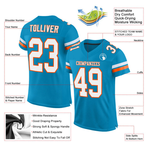 PantherBlue0018-1 Custom Panther Blue White-Orange Mesh Authentic Football Jersey