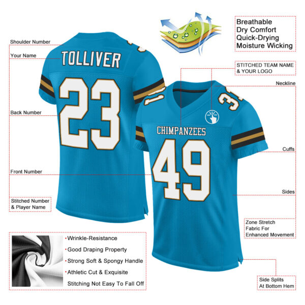 PantherBlue0022-1 Custom Panther Blue White-Old Gold Mesh Authentic Football Jersey