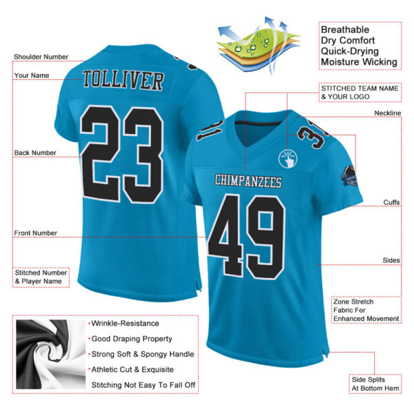 PantherBlue0035-1 Custom Panther Blue Black-White Mesh Authentic Football Jersey