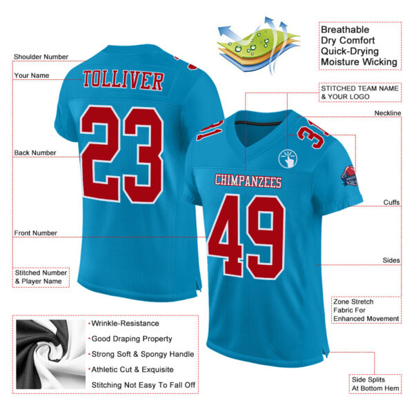 PantherBlue0037-1 Custom Panther Blue Red-White Mesh Authentic Football Jersey