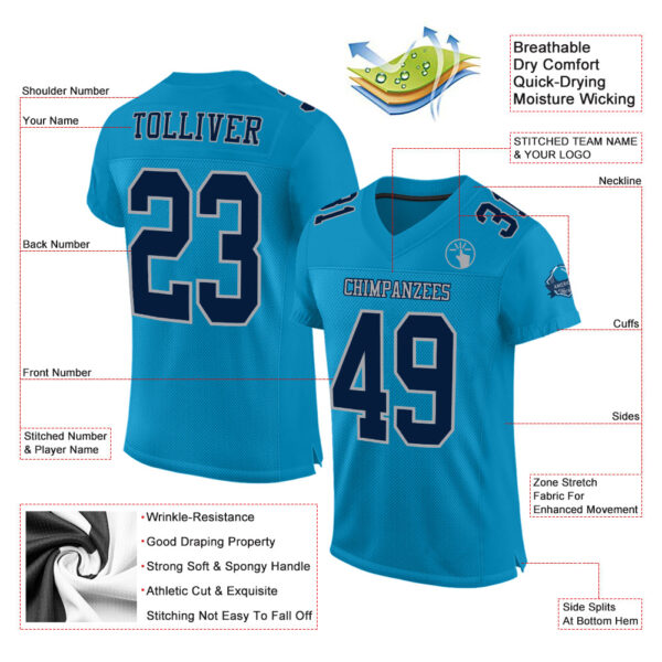 PantherBlue0038-1 Custom Panther Blue Navy-Gray Mesh Authentic Football Jersey