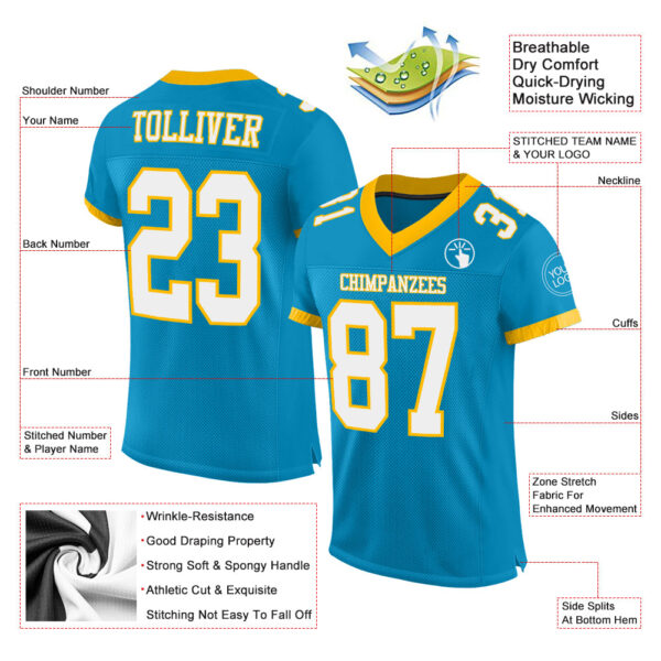 PantherBlue0054-1 Custom Panther Blue White-Gold Mesh Authentic Football Jersey