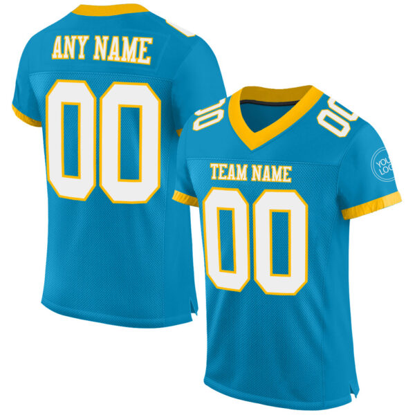 PantherBlue0054 Custom Panther Blue White-Gold Mesh Authentic Football Jersey