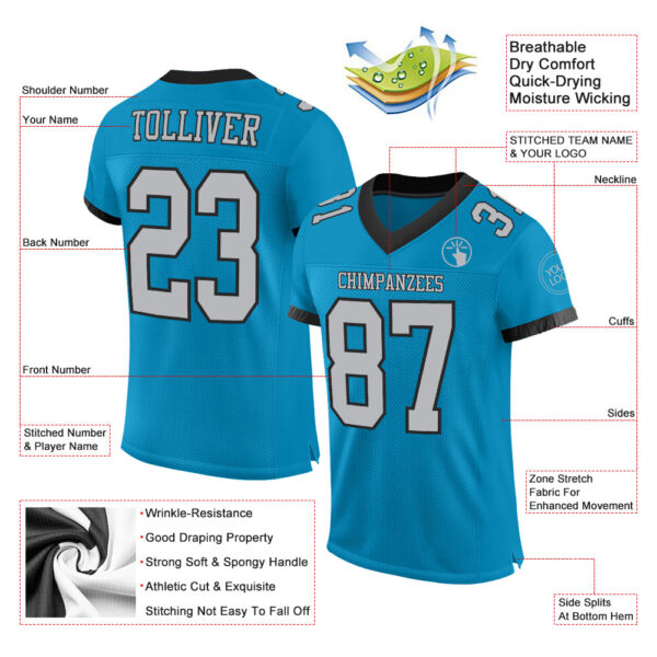 PantherBlue0059-1 Custom Panther Blue Gray-Black Mesh Authentic Football Jersey
