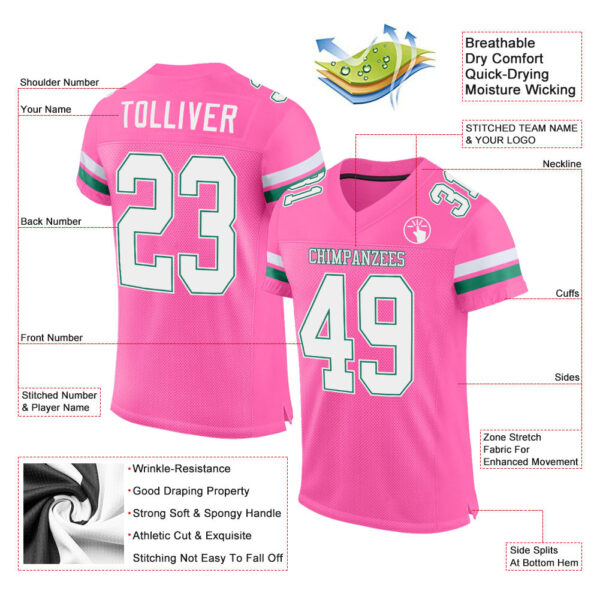 Pink0088-1 Custom Pink White-Kelly Green Mesh Authentic Football Jersey