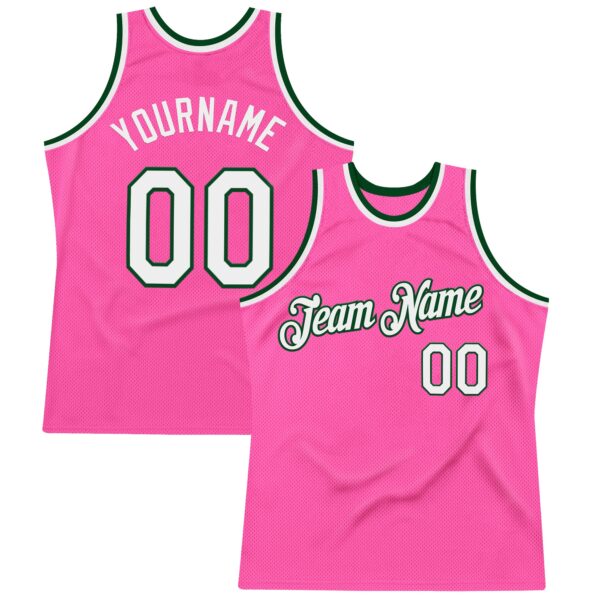 Custom Pink White-Green Authentic Throwback Basketball Jersey