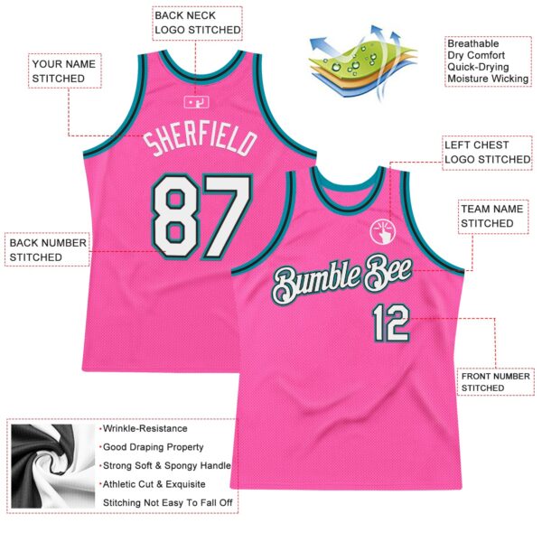 Custom Pink Black-Teal Authentic Throwback Basketball Jersey