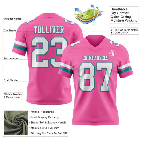 Custom Pink White-Teal Authentic Football Jersey