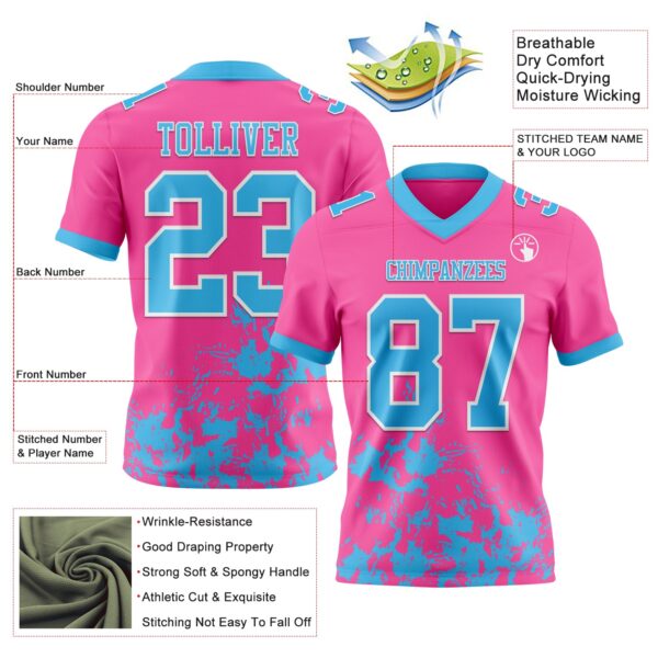 Custom Pink Sky Blue-White 3D Pattern Splash Authentic Football Jersey