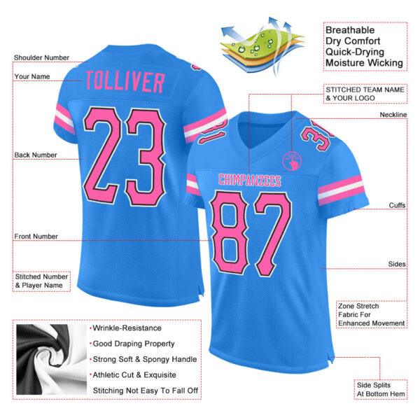 PowderBlue0096-1 Custom Powder Blue Pink-Black Mesh Authentic Football Jersey