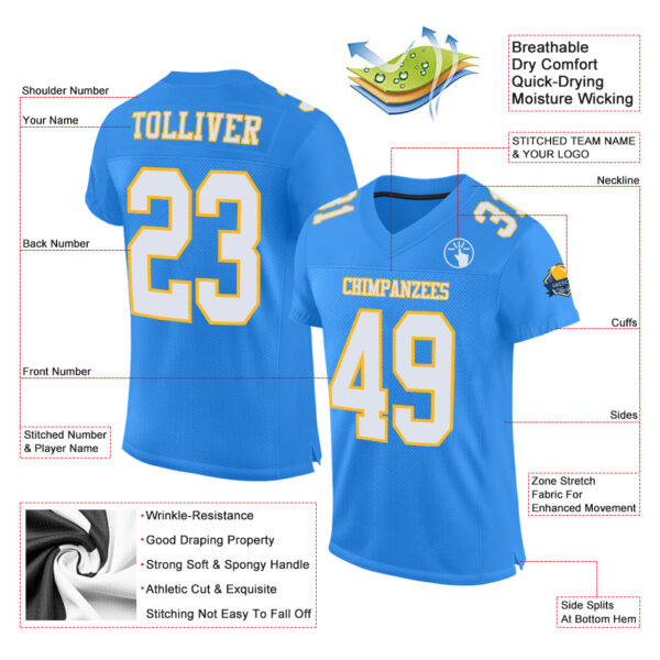 PowderBlue0172-1 Custom Powder Blue White-Gold Mesh Authentic Football Jersey