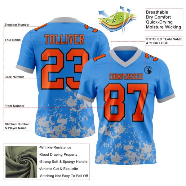 Custom Powder Blue Orange Gray-Black 3D Pattern Splash Authentic Football Jersey