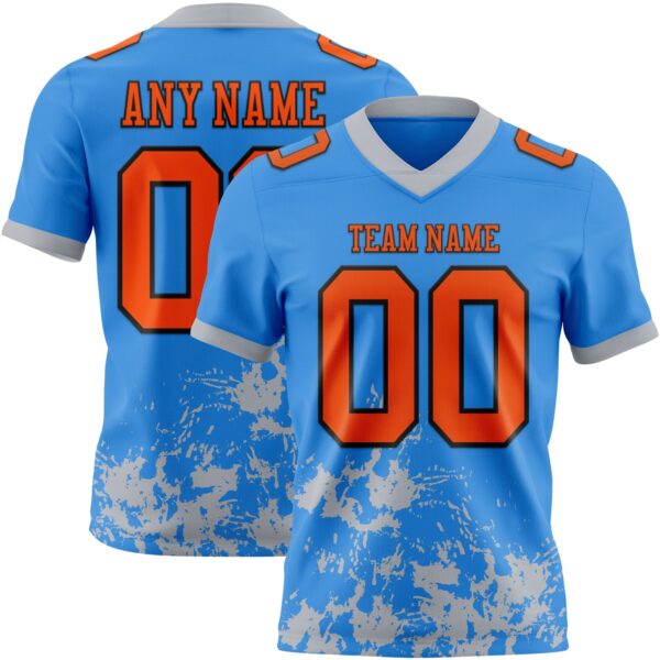 Custom Powder Blue Orange Gray-Black 3D Pattern Splash Authentic Football Jersey
