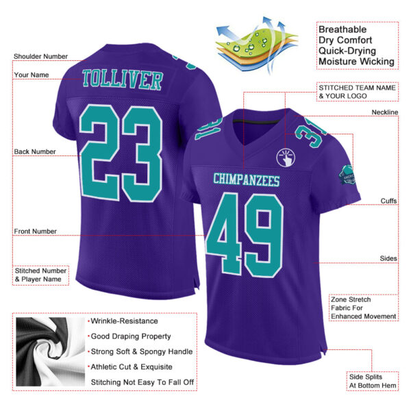 Purple0290-1 Custom Purple Aqua-White Mesh Authentic Football Jersey
