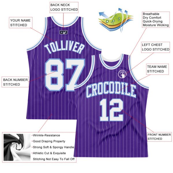Custom Purple White Pinstripe White-Light Blue Authentic Basketball Jersey
