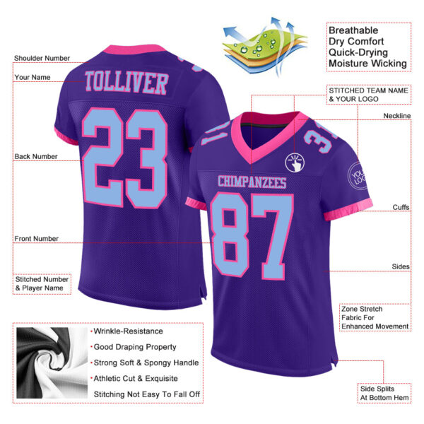 Purple0457-1 Custom Purple Light Blue-Pink Mesh Authentic Football Jersey