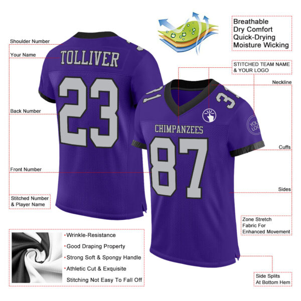 Purple0458-1 Custom Purple Gray-Black Mesh Authentic Football Jersey